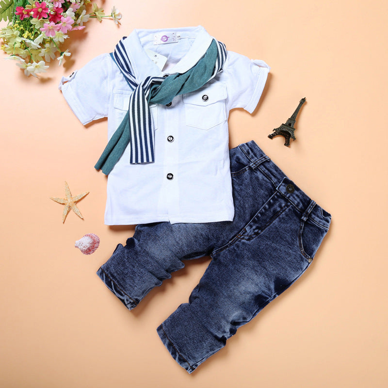 Handsome Short-sleeved Shirt  Jeans 3-piece Outfit