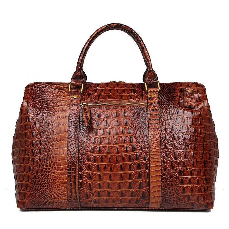 Croc Print Leather Travel Duffle Bag
