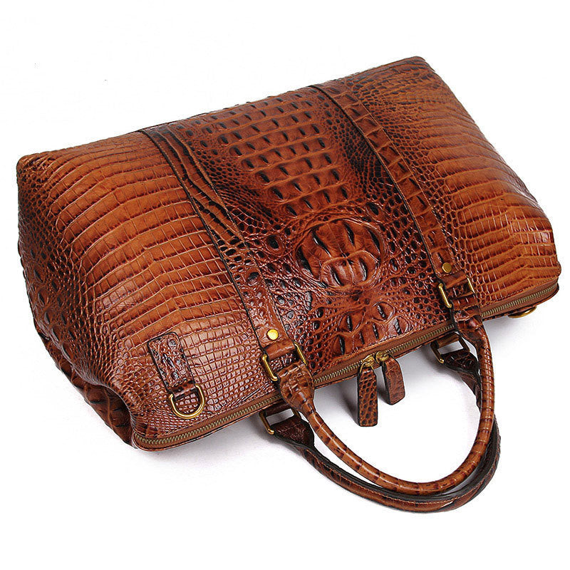 Croc Print Leather Travel Duffle Bag