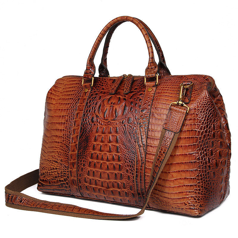 Croc Print Leather Travel Duffle Bag