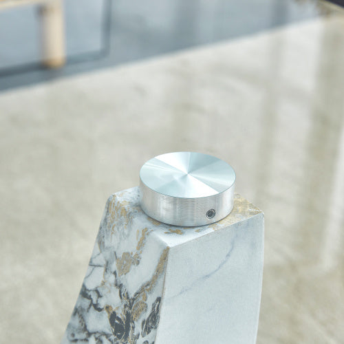 Transparent Tempered Glass Coffee Table With Marble Patterned MDF Legs And Stainless Steel Decorative Columns
