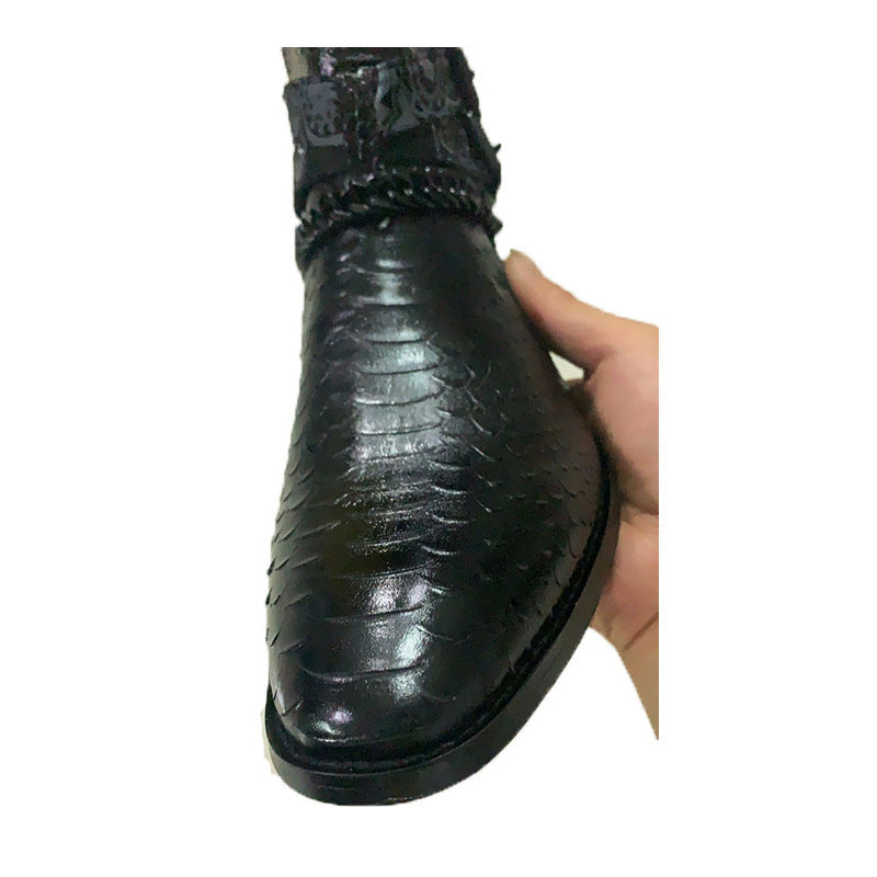 Genuine Leather Serpentine Pointed Chelsea Boots
