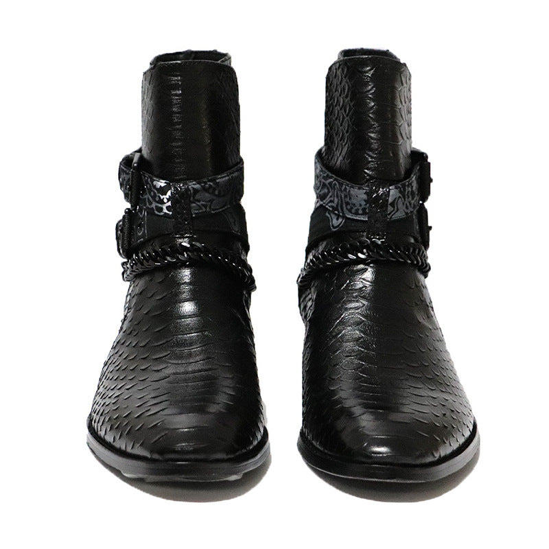 Genuine Leather Serpentine Pointed Chelsea Boots