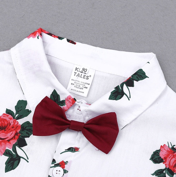 Flower Short Sleeve Button Down Shirt With Red Shorts 2pcs