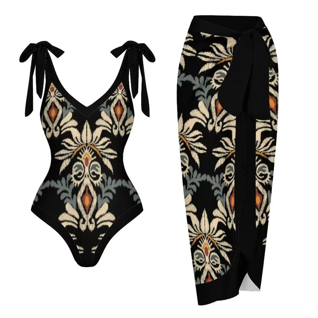 Shoulder Tie One-Piece Gauze Swimsuit Set