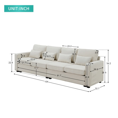 Linen Fabric Sofa With Armrest Pockets And 4 Pillows