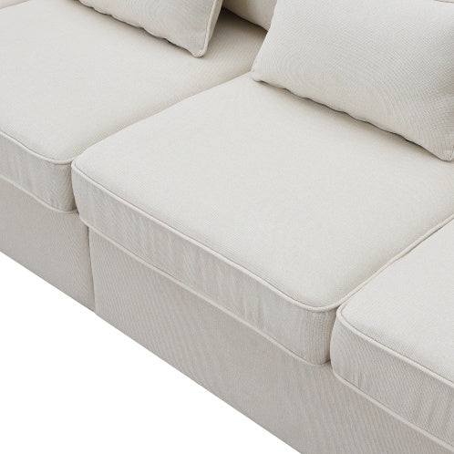 Linen Fabric Sofa With Armrest Pockets And 4 Pillows