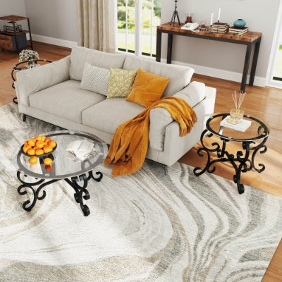 Tempered Glass Surface Coffee Table with Round End Side Tables - 3 Piece Set