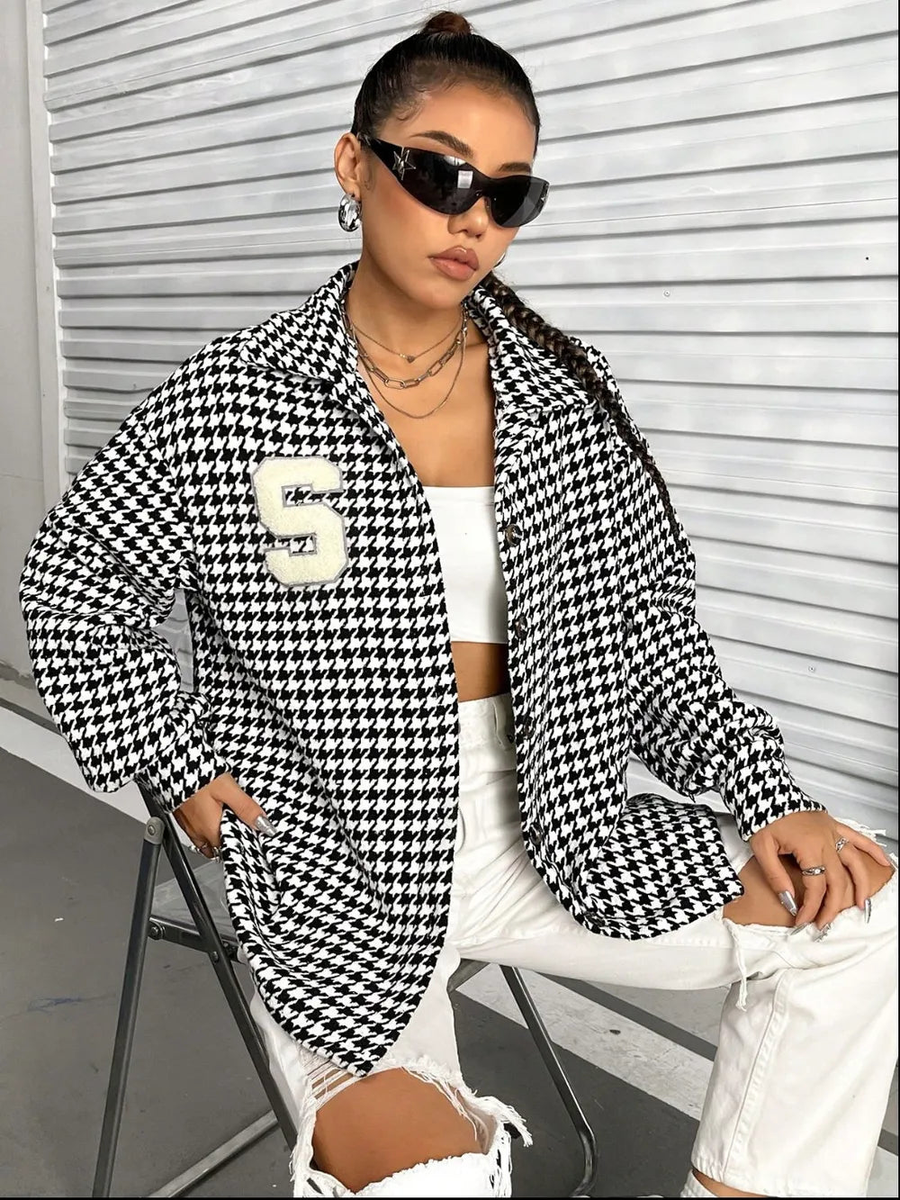 Houndstooth Button Down Long Sleeve Jacket