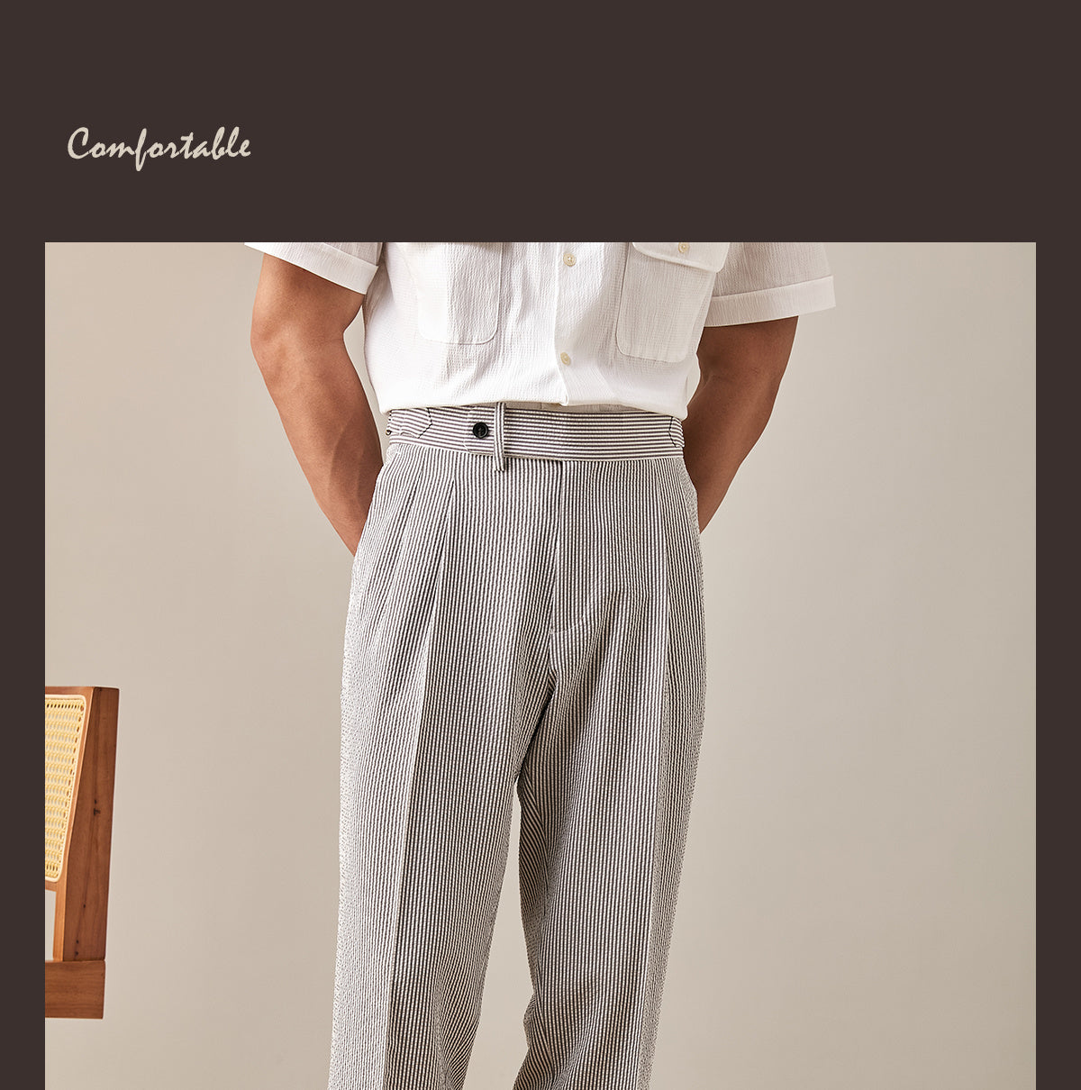 Lightweight And Breathable Striped Seersucker Casual Trousers