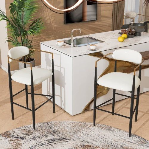 Counter Height Upholstered Bar Stools With Back Barstools Set Of 2 - Beige Faux PU Leather