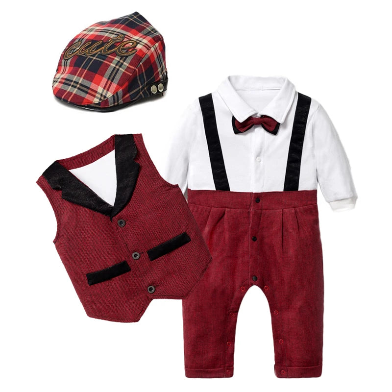 Baby Boy Suits - Romper + Vest + Hat Formal Suit 0- 24 M