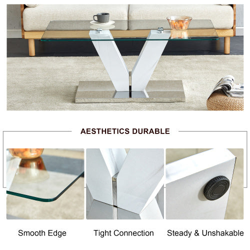 Modern Minimalist Coffee Table - Transparent Tempered Glass Tabletop With Silver MDF Pillars