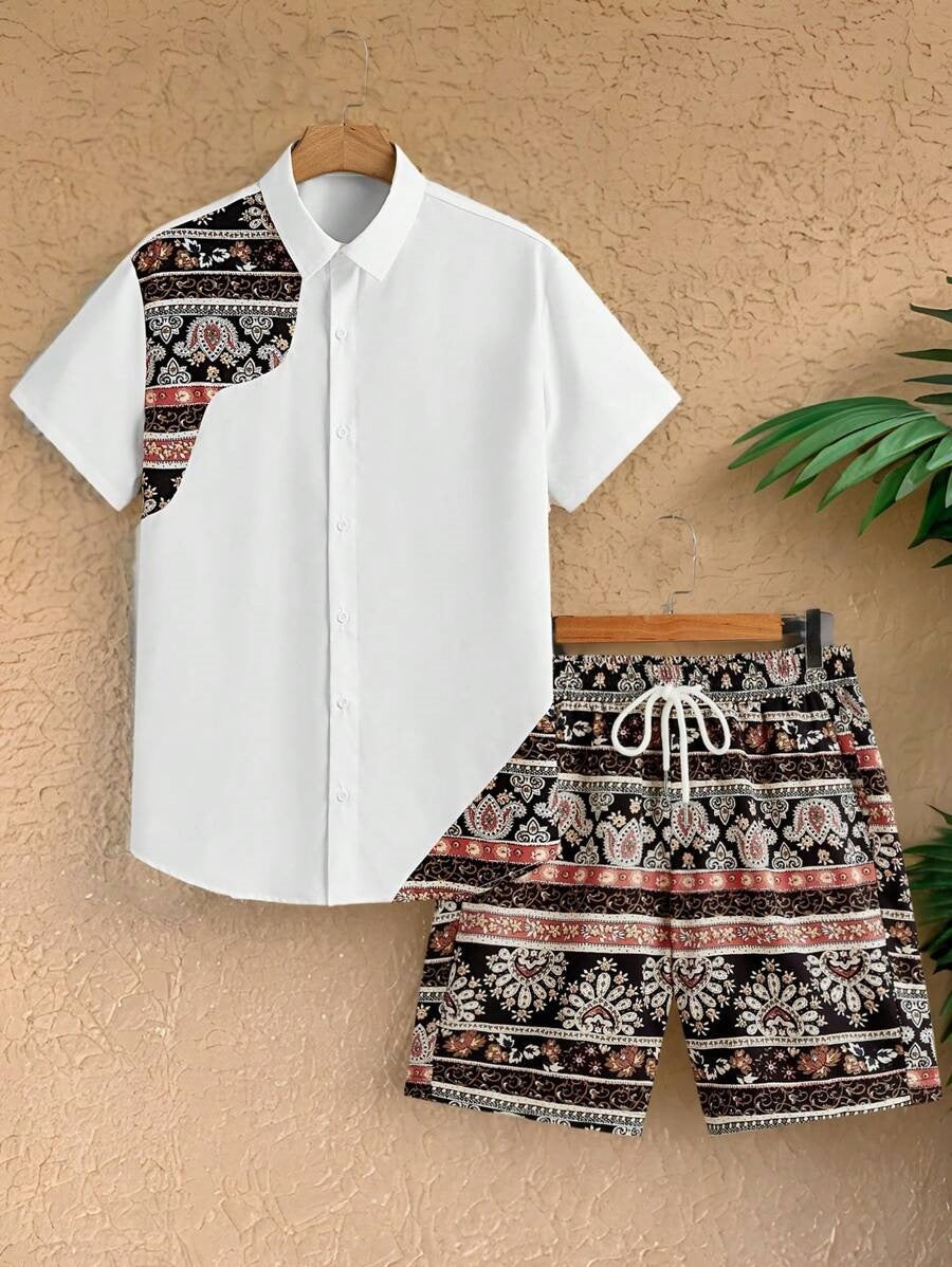 Digital Print Loose Shirt Shorts Set
