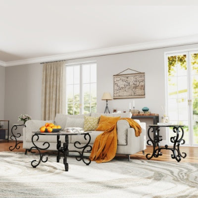 Tempered Glass Surface Coffee Table with Round End Side Tables - 3 Piece Set