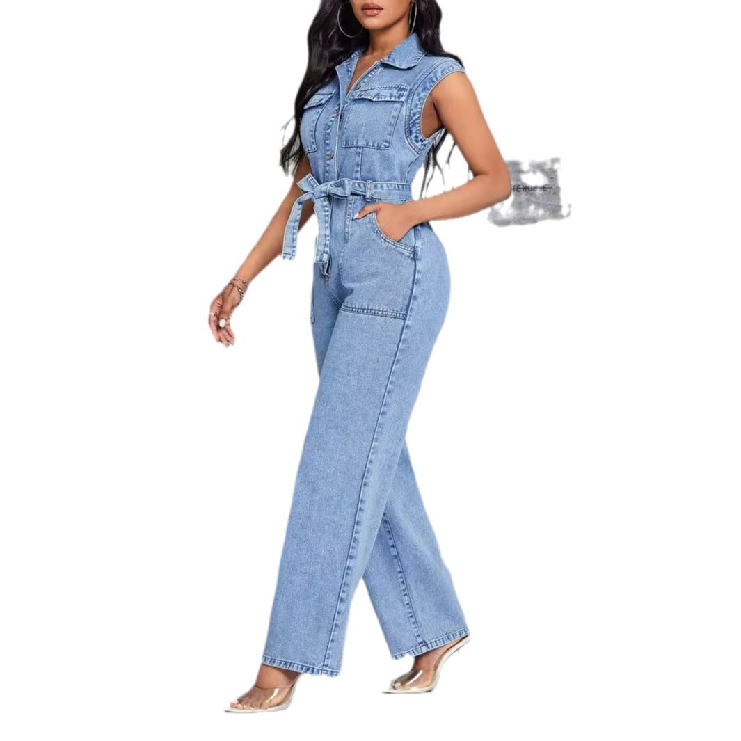 Tied Half Button Denim Jumpsuit with Pockets