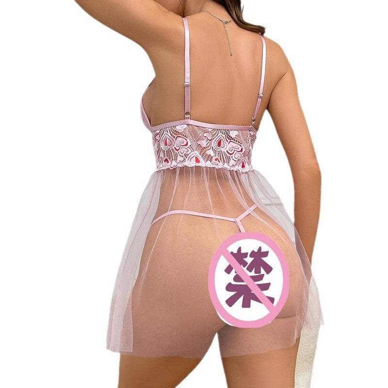 Lace Strap Cross Splicing Mesh Transparent Skirt Two Piece Set