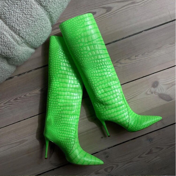 Pointed Toe Crocodile Pattern Knee High Boots