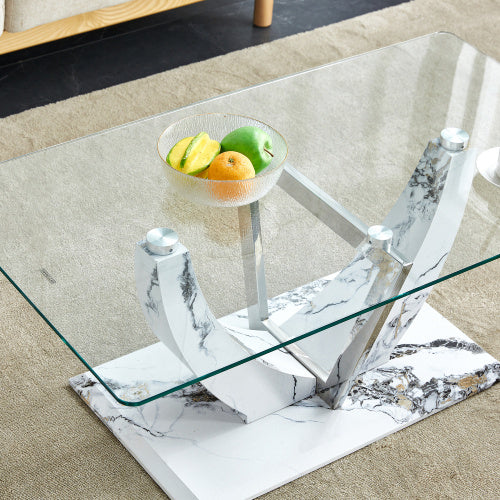 Transparent Tempered Glass Coffee Table With Marble Patterned MDF Legs And Stainless Steel Decorative Columns