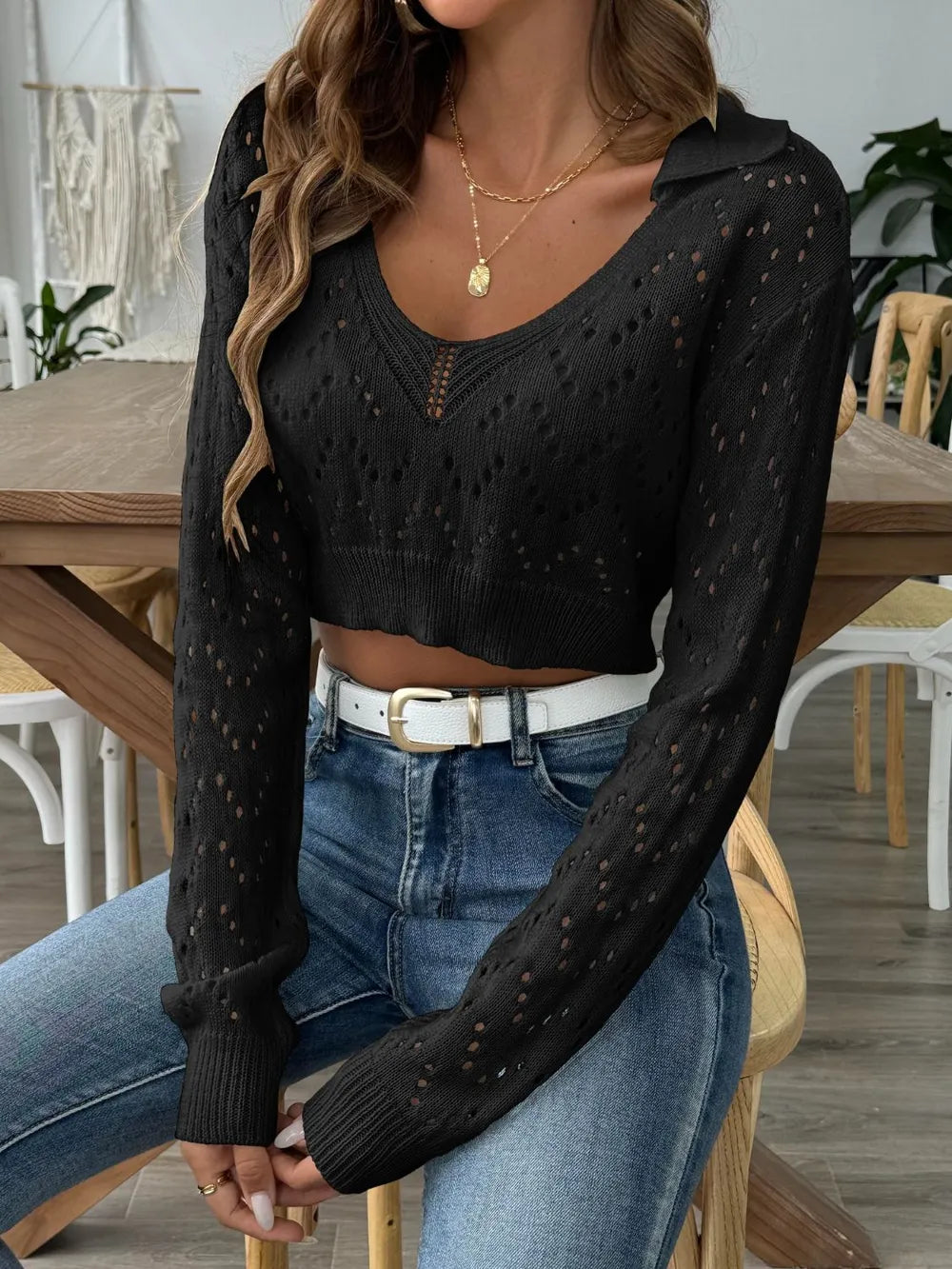 Polo Collar Hollowed Crop Top Sweater