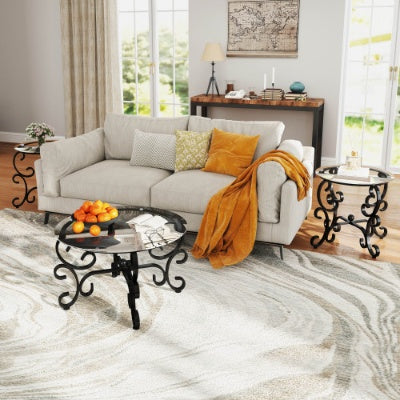 Tempered Glass Surface Coffee Table with Round End Side Tables - 3 Piece Set