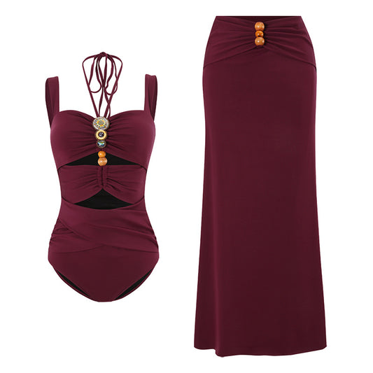 Hollow Neck Hanging Strap One-Piece Swim Dress