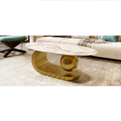 Marble Pattern Centered Stone Coffee Tabletop With Gold Stainless Steel Base