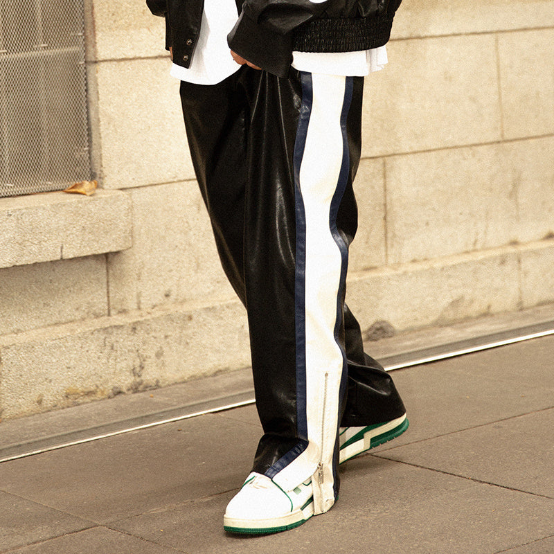 Striped Leather Pants Loose And Straight