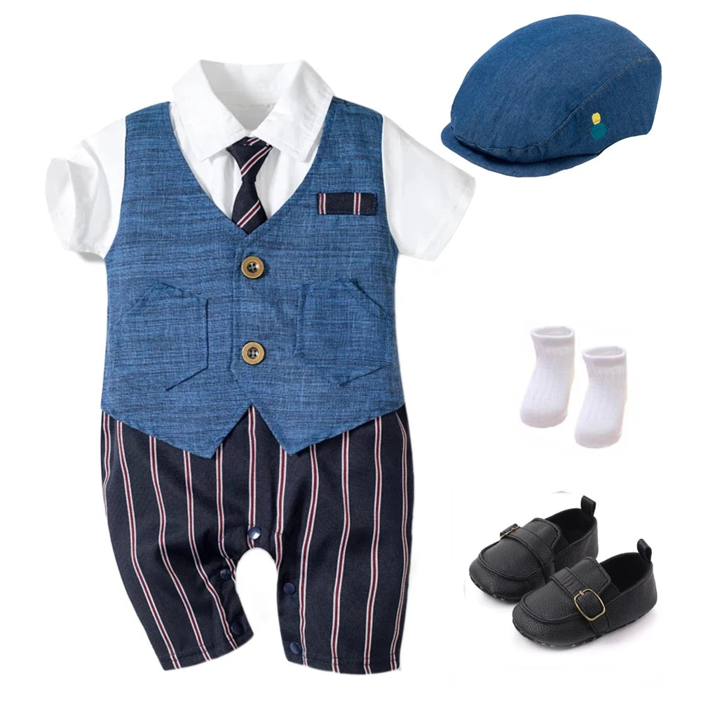 Summer Baby Romper Suit Formal Clothing Children Hat + Jumpsuit + Shoes + Socks 4 Piece Outfit