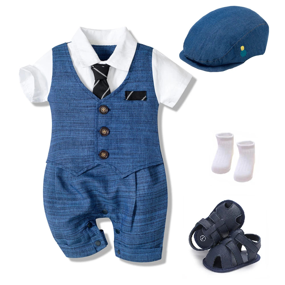 Summer Baby Romper Suit Formal Clothing Children Hat + Jumpsuit + Shoes + Socks 4 Piece Outfit