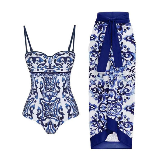 Retro Print Spaghetti Strap Swimsuit Set