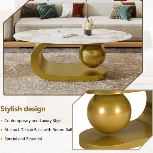 Marble Pattern Centered Stone Coffee Tabletop With Gold Stainless Steel Base