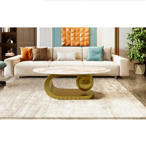 Marble Pattern Centered Stone Coffee Tabletop With Gold Stainless Steel Base