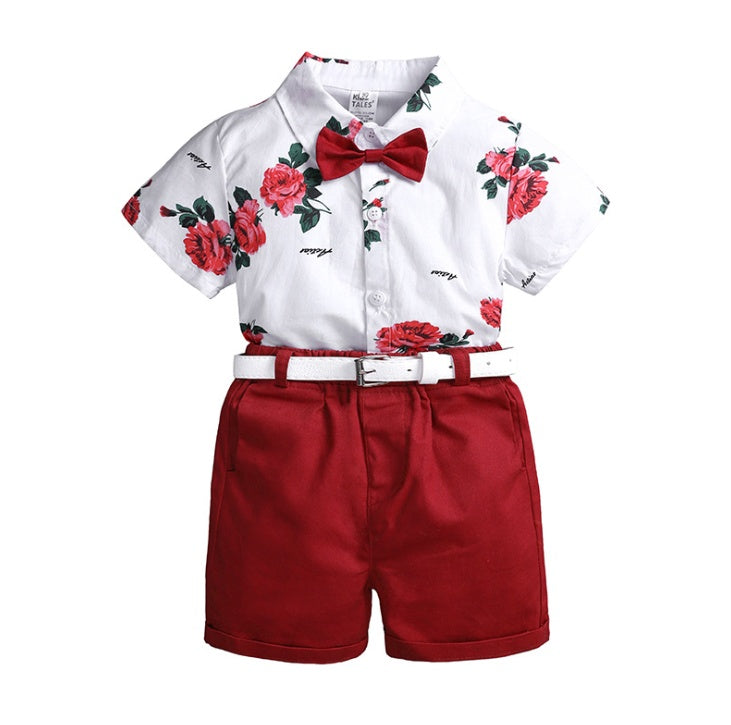 Flower Short Sleeve Button Down Shirt With Red Shorts 2pcs