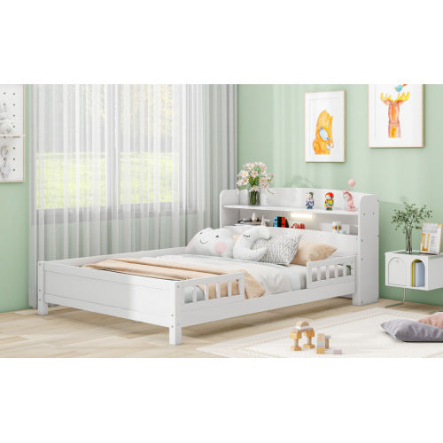 Wood Platform Bed With Built-in LED Light, Storage Headboard and Guardrail - Full Size - White