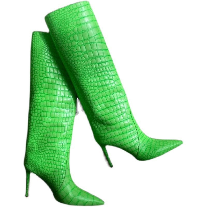 Pointed Toe Crocodile Pattern Knee High Boots