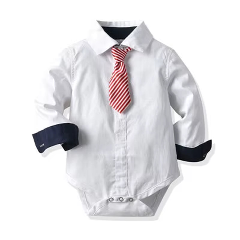 Baby Boys Tie Romper Clothes Cotton Shirt Toddler Formal Jumpsuit Birthday One-Piece Long Sleeve Children Party Clothes