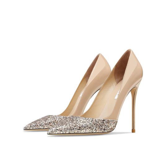 Gold Sequins Leather Stitching High Heels