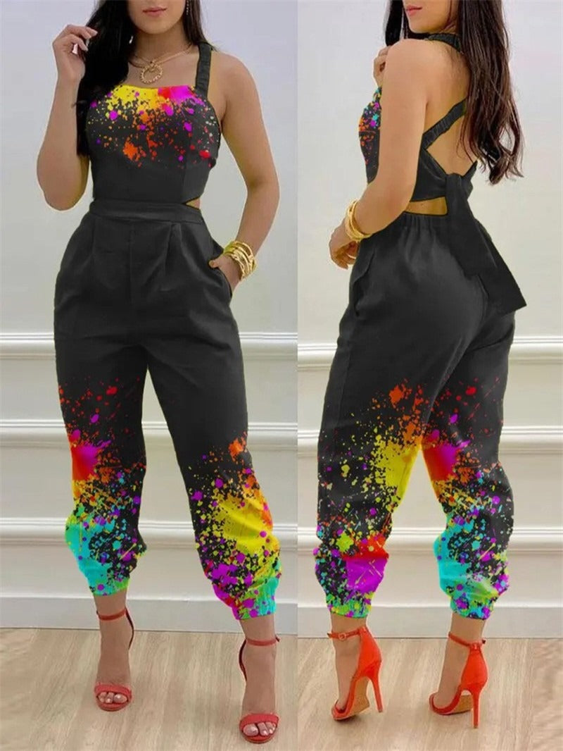 Open Back Cross Lace Up Bow Print Jumpsuit
