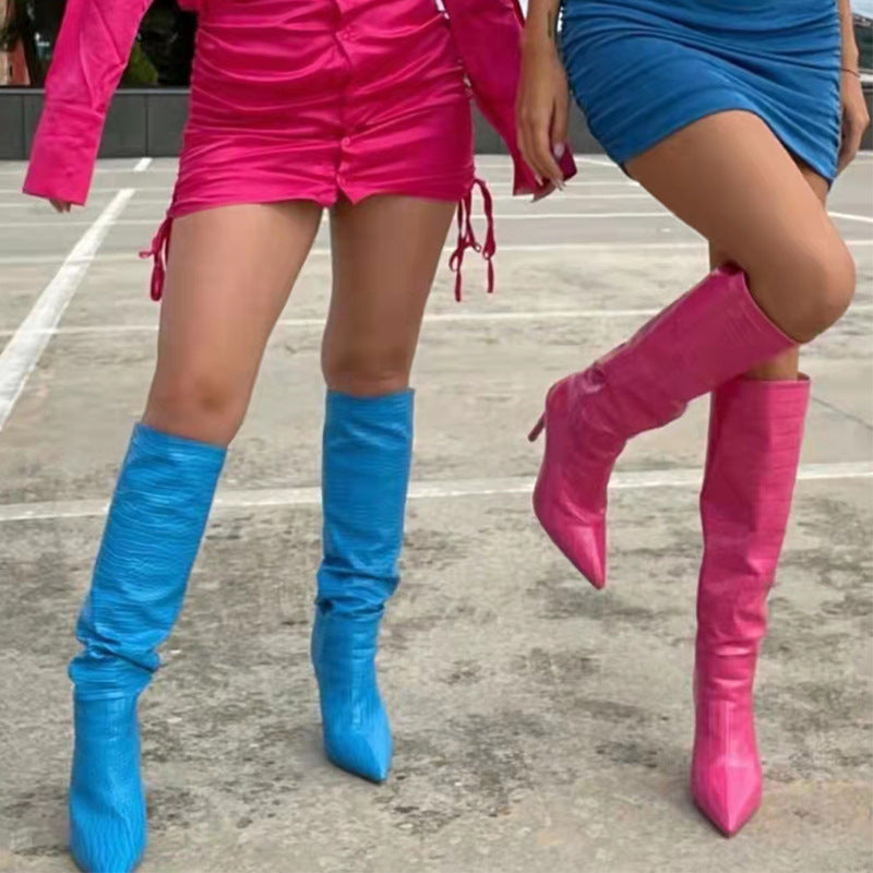 Pointed Toe Crocodile Pattern Knee High Boots
