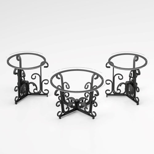 Tempered Glass Surface Coffee Table 3 Piece  Set - Rustic Black