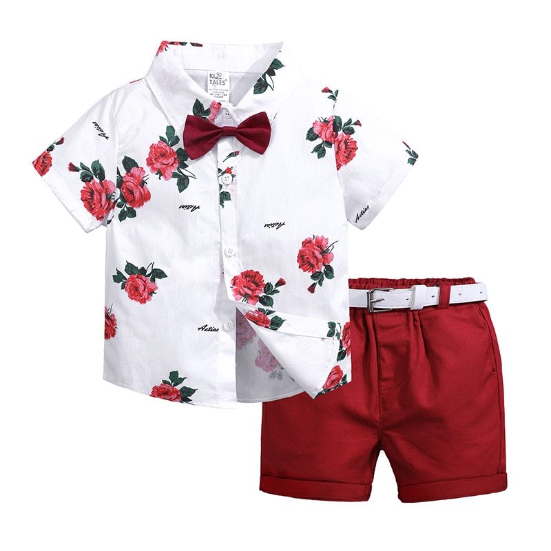 Flower Short Sleeve Button Down Shirt With Red Shorts 2pcs