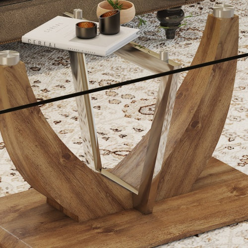 Modern Minimalist Transparent Tempered Glass Coffee Table With Marble Patterned MDF Legs And Stainless Steel Decorative Columns