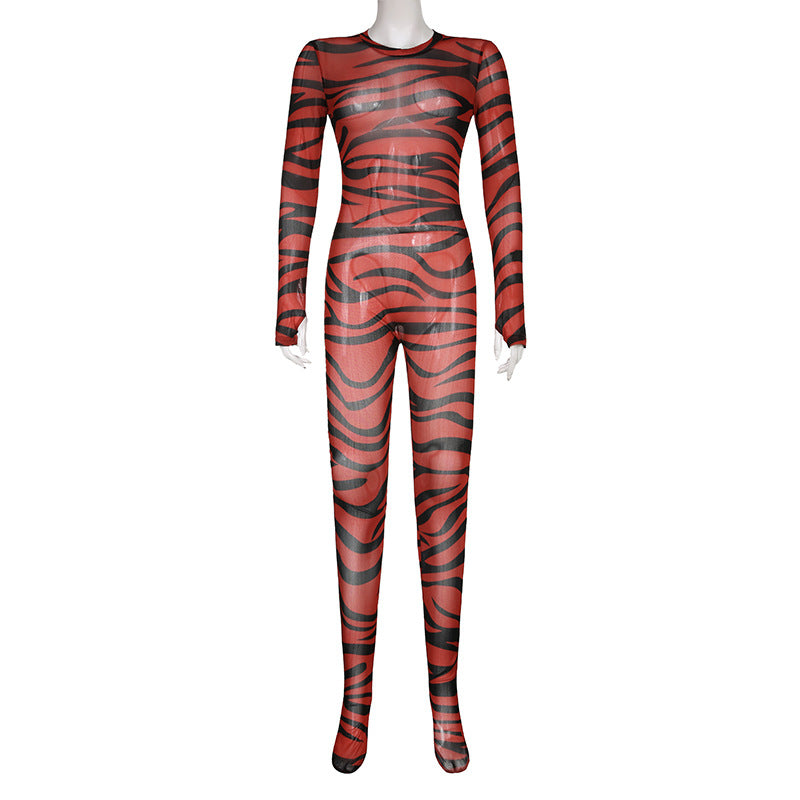 Striped Printed Mesh Transparent Jumpsuit