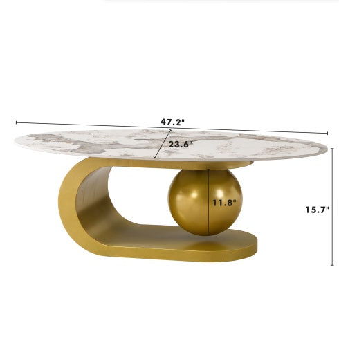Marble Pattern Centered Stone Coffee Tabletop With Gold Stainless Steel Base