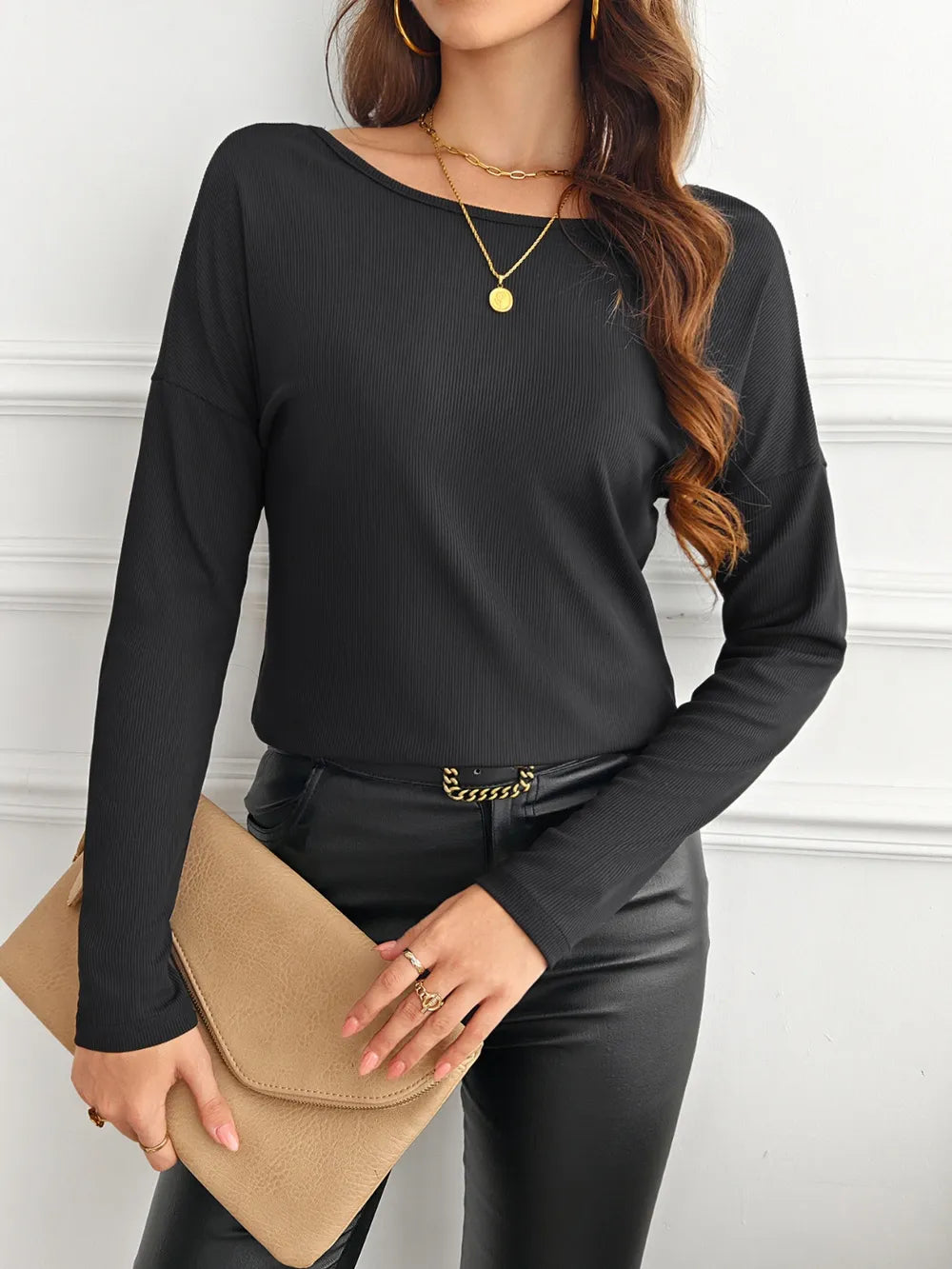 Back Patchwork Butterfly Ribbed Long Sleeved Shirt