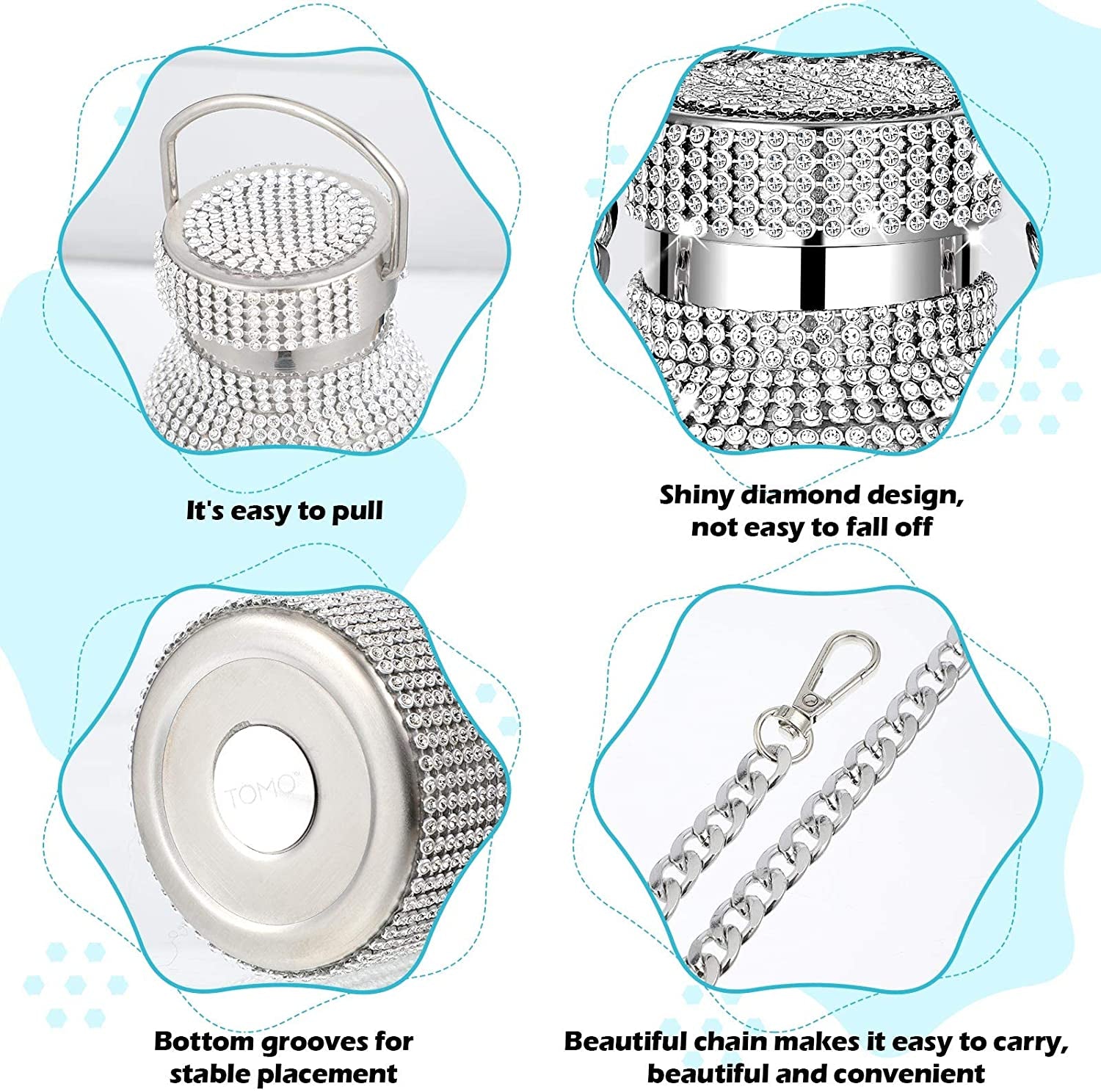 Diamond Water Bottle Bling Rhinestone Stainless Steel Thermal Bottle Refillable Insulated Glitter Water Jug with Chain for Women Girls Gifts(500 Ml,Silver)