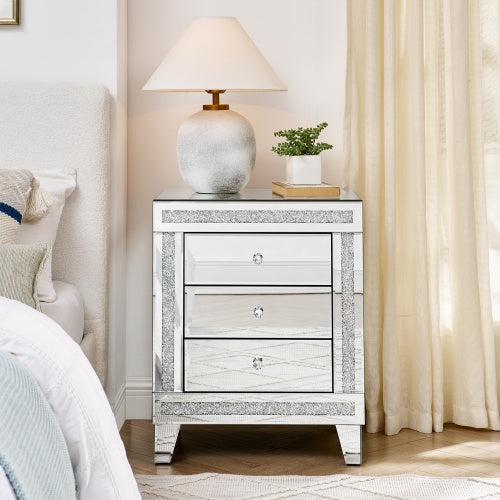 Silver Mirror Three Drawer Side Table