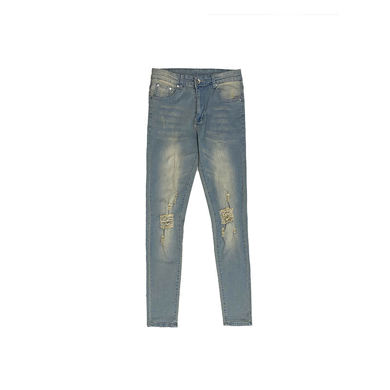Washed worn slim fit frayed jeans