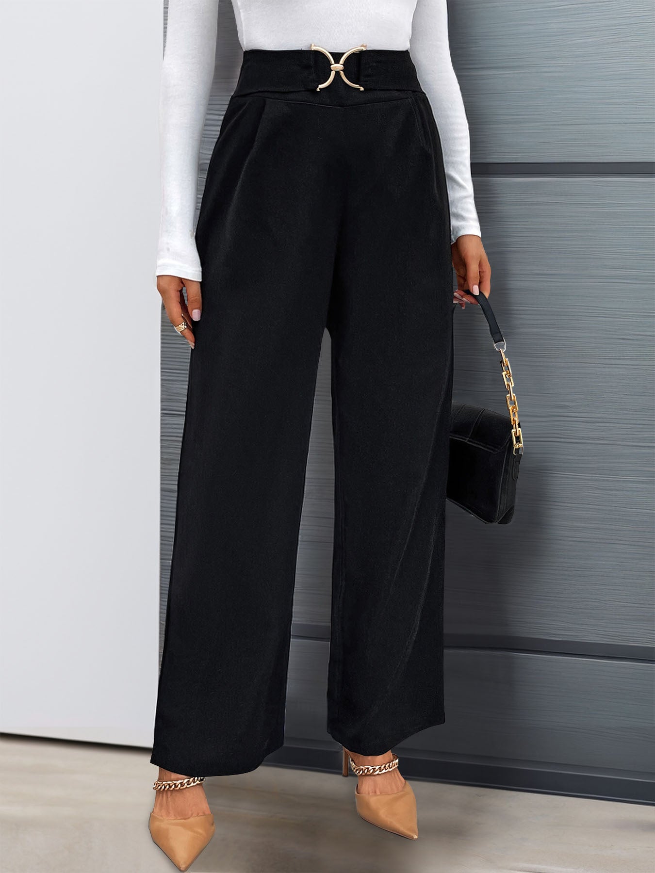 Buckle High Waisted Straight Leg Pants